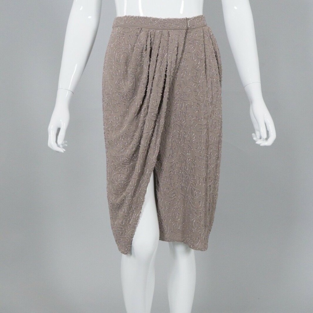 Vintage ANNE KLEIN Greige Beaded Silk Wrap Skirt